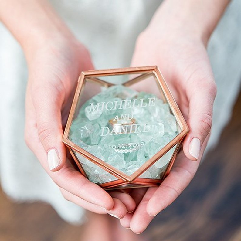 Rose Gold Geometric glass wedding ring box by love and Luxe Handmade