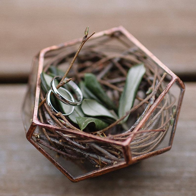 Open style copper coloured geometric wedding ring box