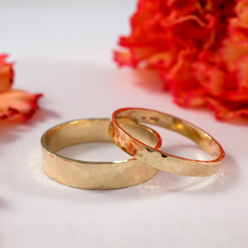 yellow gold hammered wedding bands
