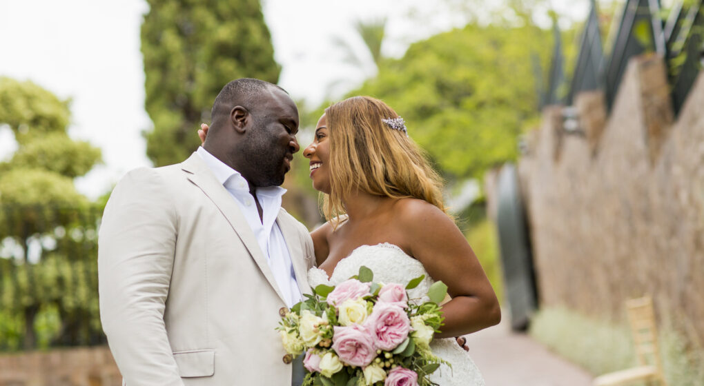 Wedding couple gazing at each other